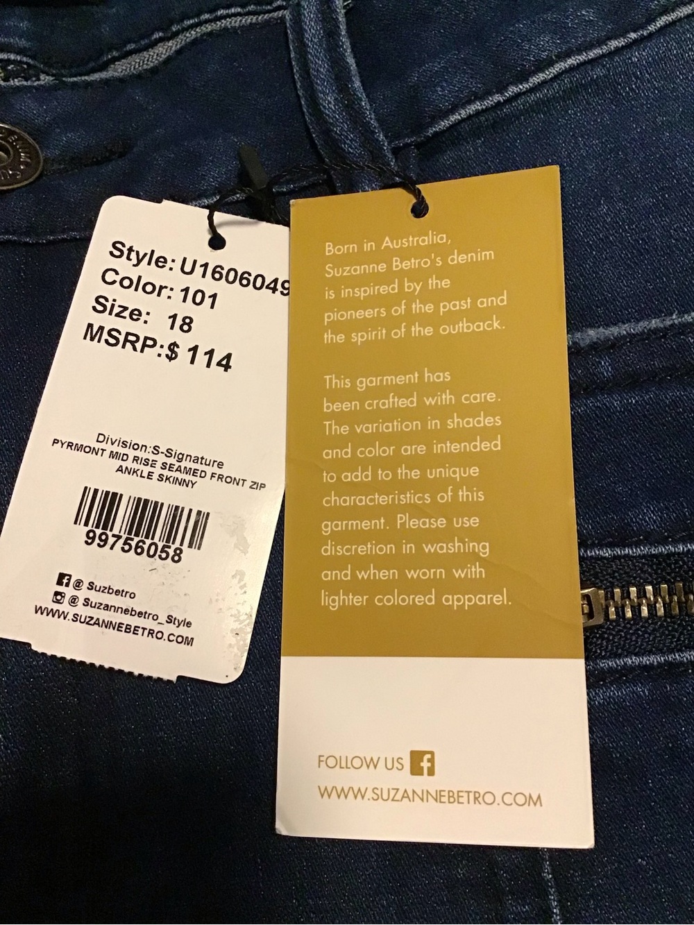 NWT! Suzanne Betro Dark Blue Denim Jeans with Gold Button - Picture 8 of 8